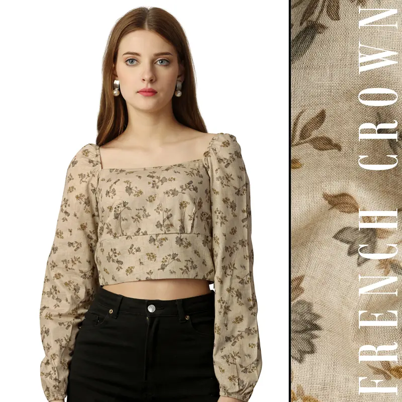 Stone Brown Ditsy Printed Premium Cotton Crop Top 1
