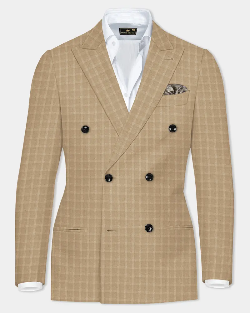 Stone Brown Plaid Wool Rich Double Breasted Blazer 1