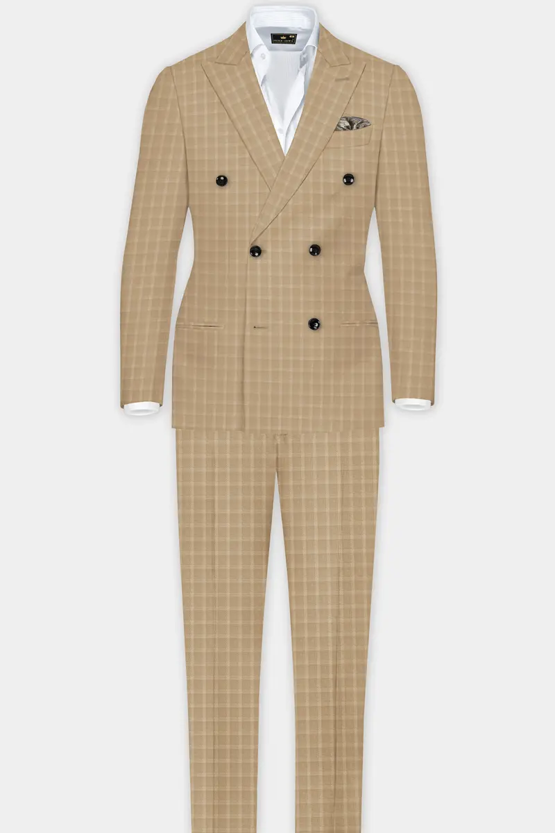 Stone Brown Plaid Wool Rich Double Breasted Blazer 7