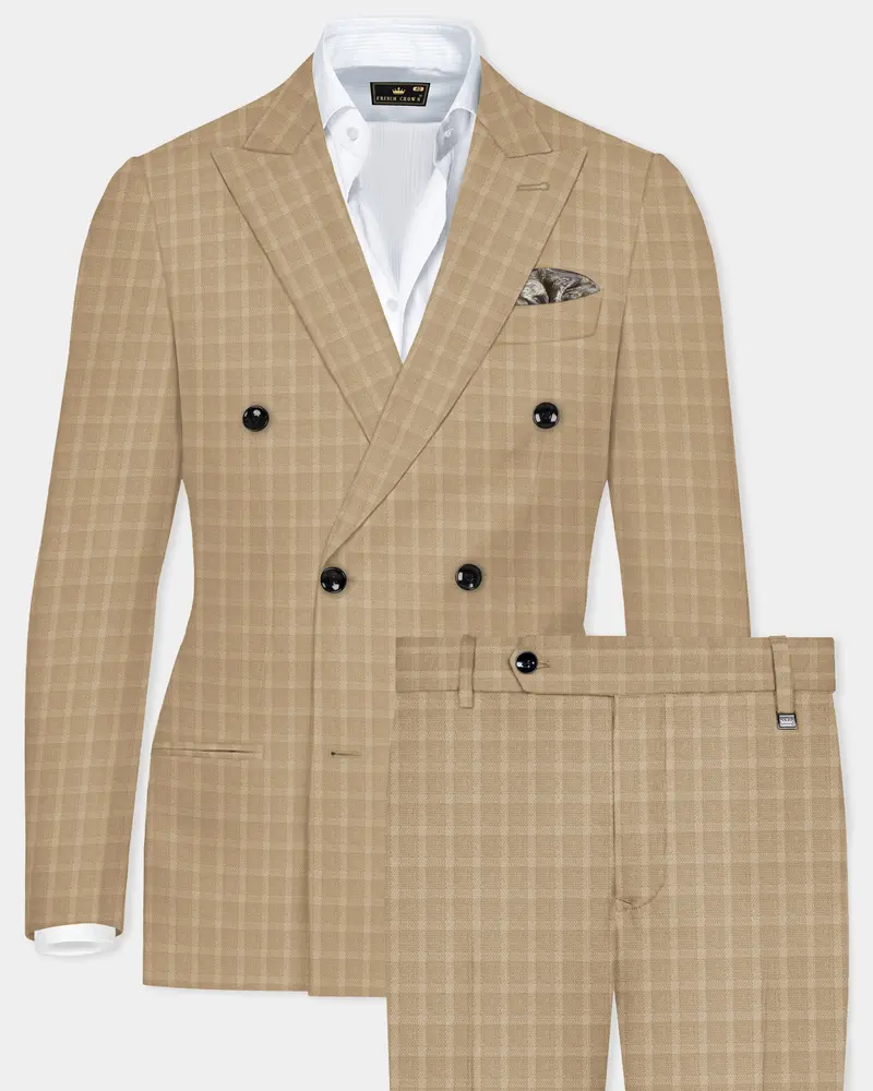 Stone Brown Plaid Wool Rich Double Breasted Suit 1