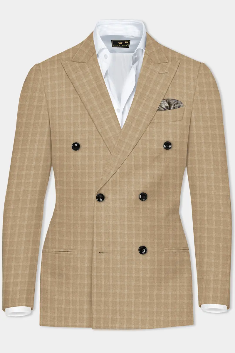 Stone Brown Plaid Wool Rich Double Breasted Suit 10
