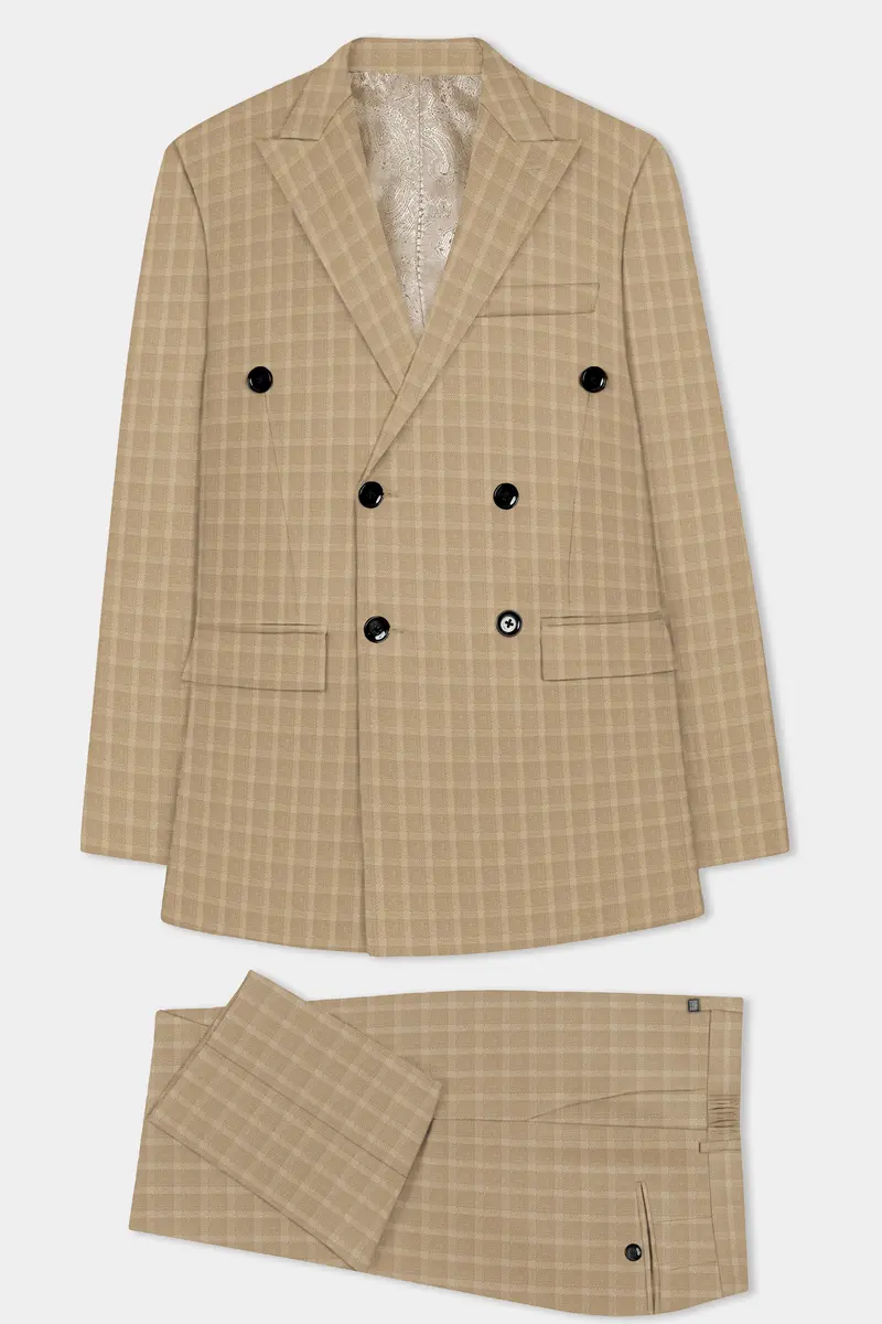 Stone Brown Plaid Wool Rich Double Breasted Suit 11