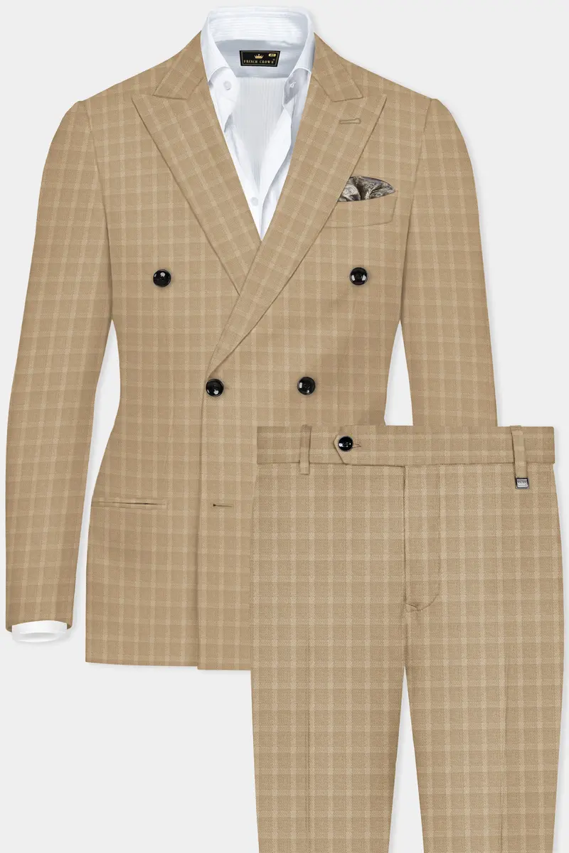Stone Brown Plaid Wool Rich Double Breasted Suit 2