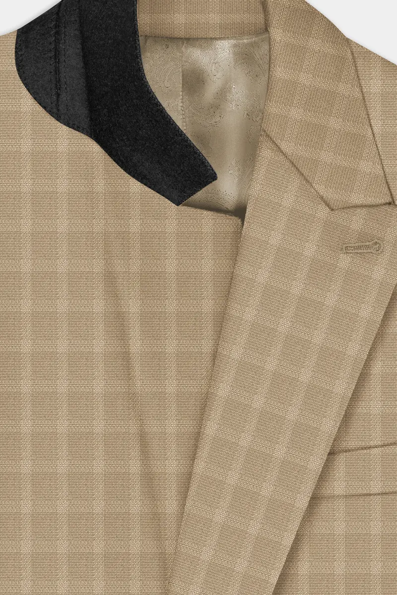 Stone Brown Plaid Wool Rich Double Breasted Suit 5