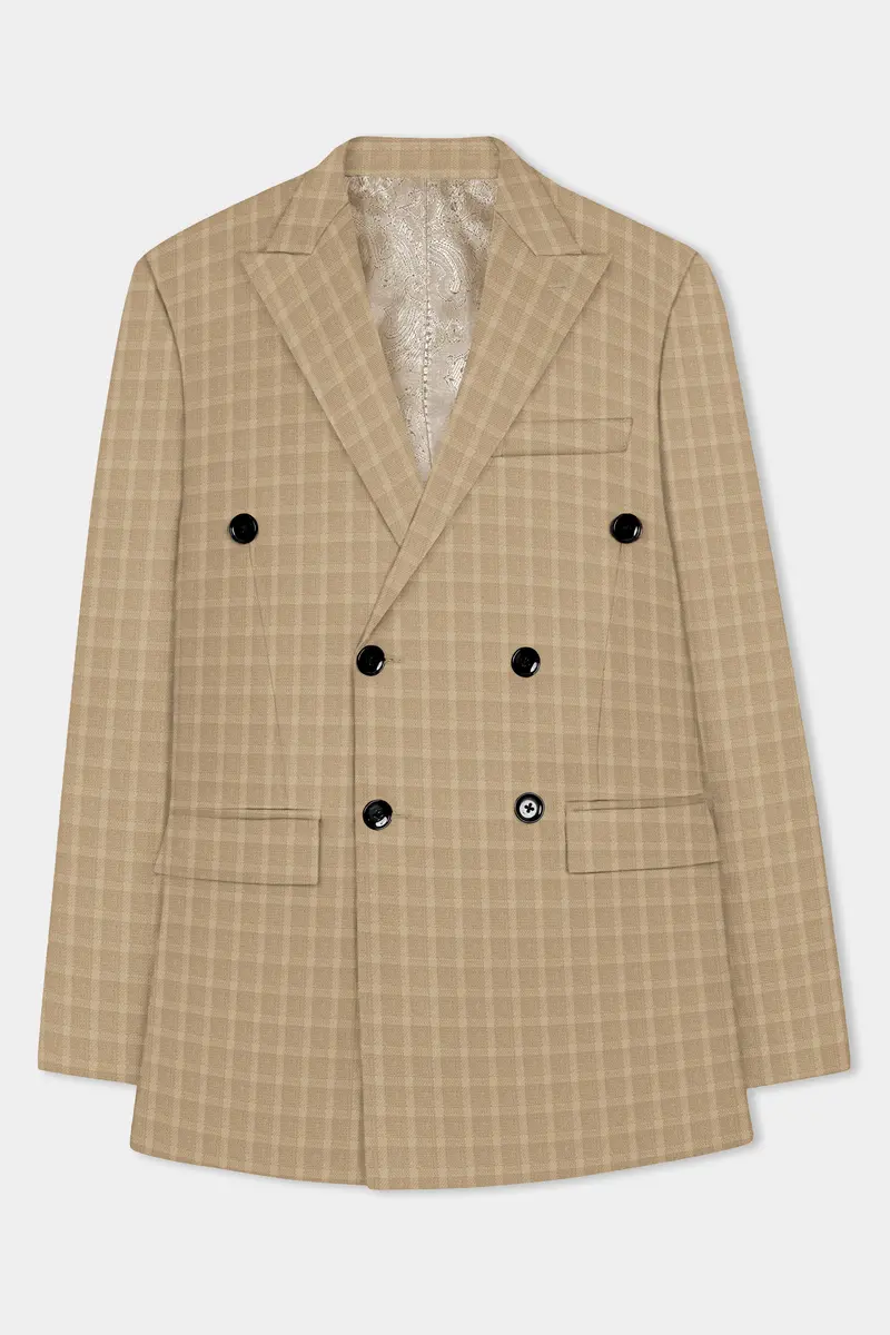 Stone Brown Plaid Wool Rich Double Breasted Suit 8