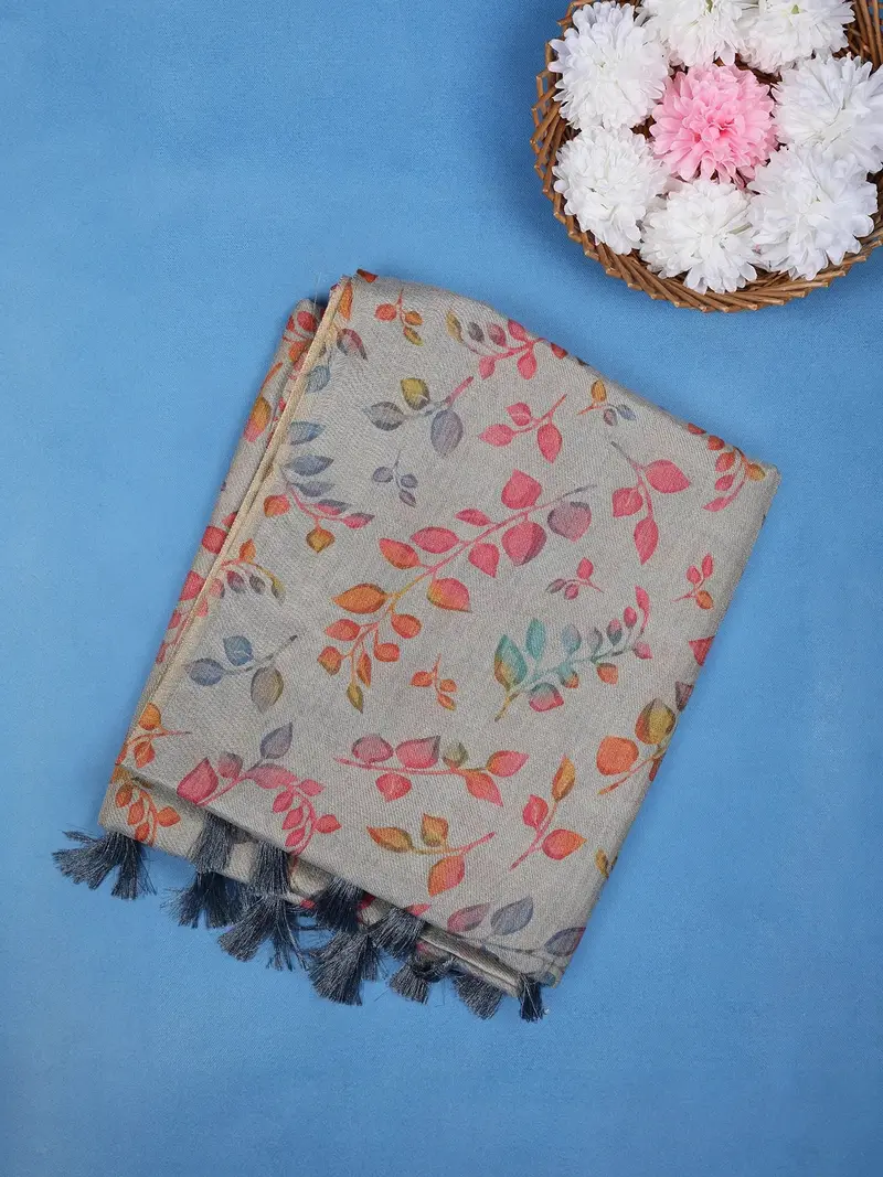 Stone Grey Multicolor Leaf Print Cotton Saree 1