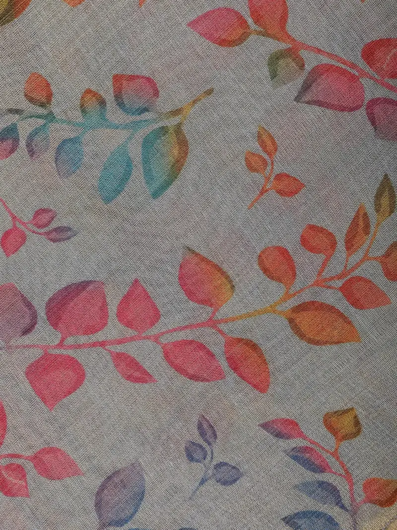 Stone Grey Multicolor Leaf Print Cotton Saree 2