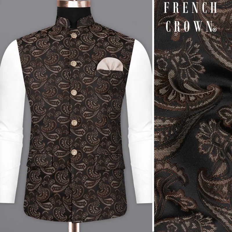 Stonewall Brown With Zeus Black Paisley Textured Designer Nehru Jacket 1