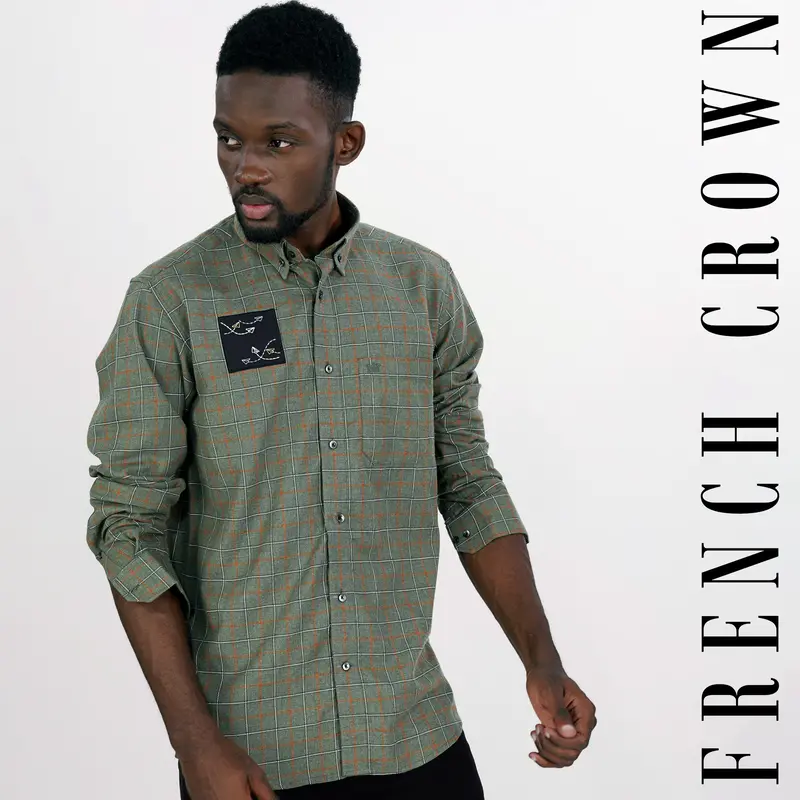 Stonewall Green And Brownish Checkered With Funky Patchwork Dobby Textured Premium Giza Cotton Designer Shirt 1