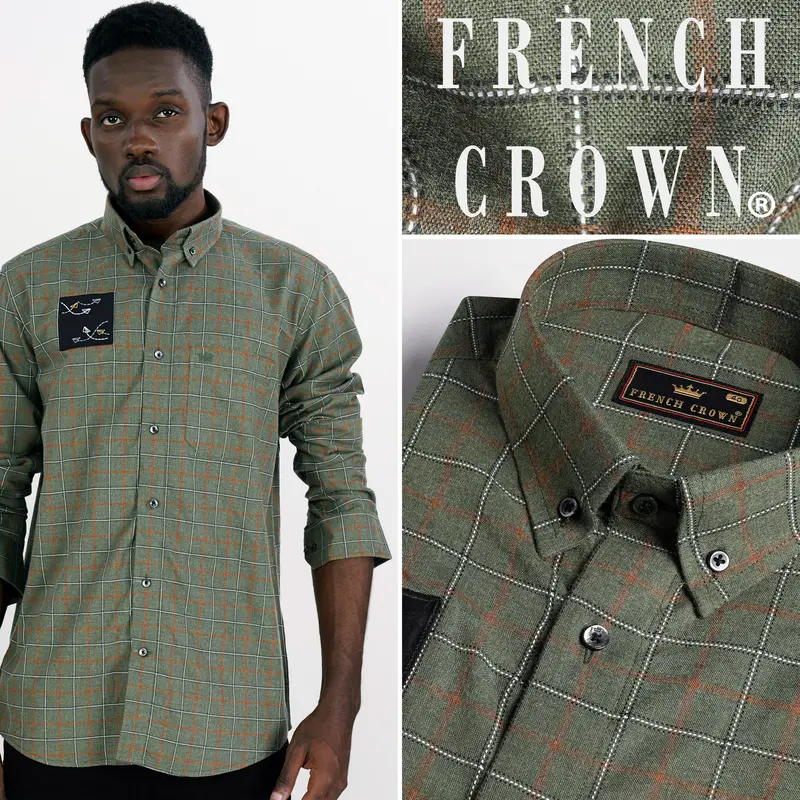 Stonewall Green And Brownish Checkered With Funky Patchwork Dobby Textured Premium Giza Cotton Designer Shirt 10