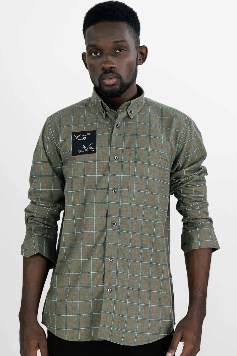 Stonewall Green And Brownish Checkered With Funky Patchwork Dobby Textured Premium Giza Cotton Designer Shirt 2