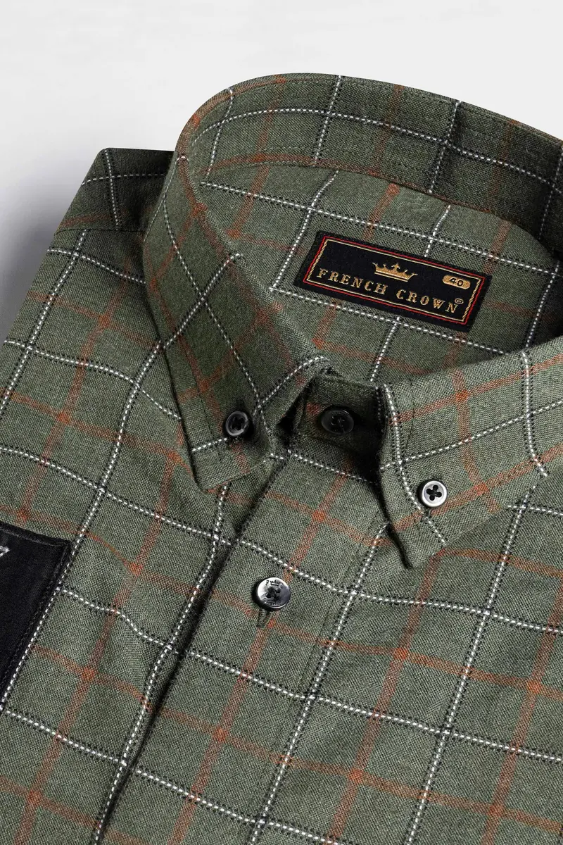 Stonewall Green And Brownish Checkered With Funky Patchwork Dobby Textured Premium Giza Cotton Designer Shirt 4