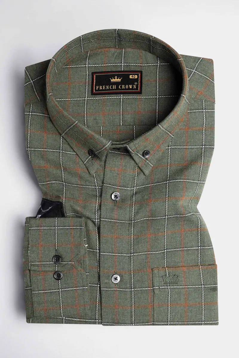 Stonewall Green And Brownish Checkered With Funky Patchwork Dobby Textured Premium Giza Cotton Designer Shirt 5