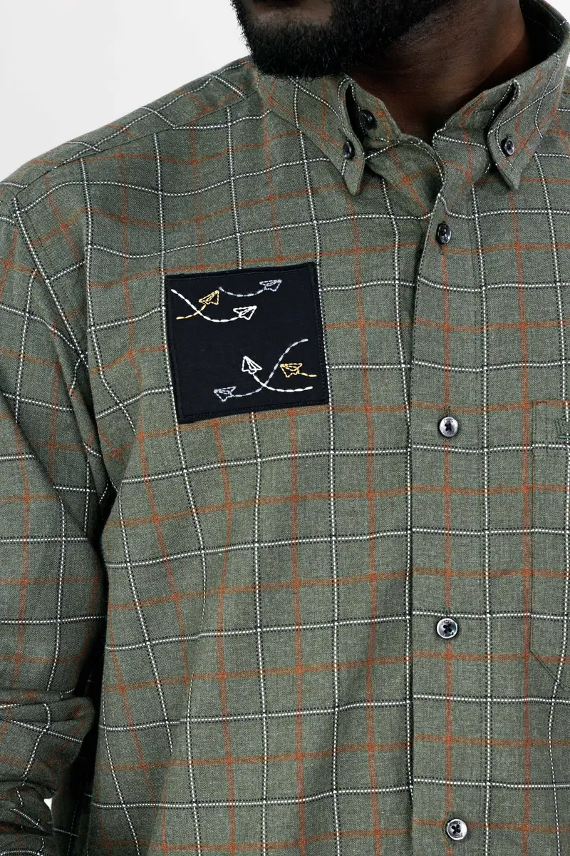 Stonewall Green And Brownish Checkered With Funky Patchwork Dobby Textured Premium Giza Cotton Designer Shirt 6