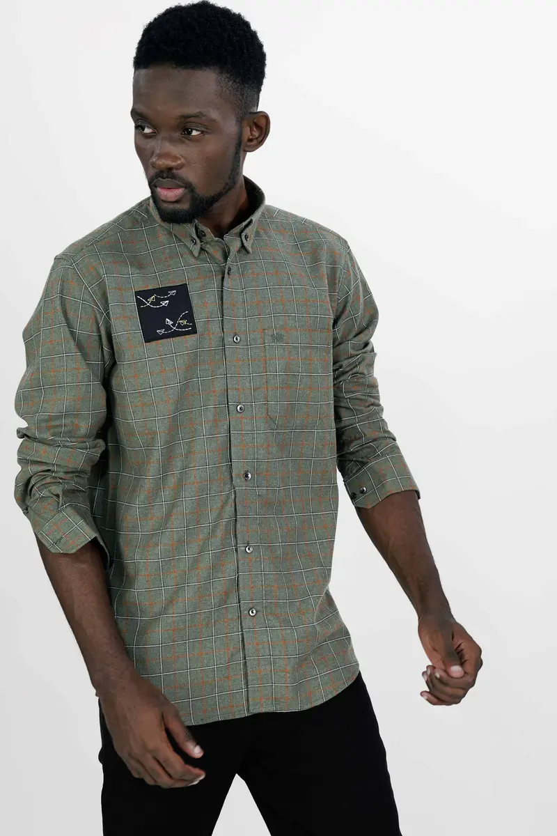 Stonewall Green And Brownish Checkered With Funky Patchwork Dobby Textured Premium Giza Cotton Designer Shirt 7