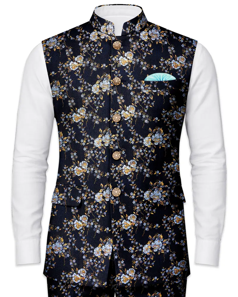 Storm Dust Blue Floral Printed Nehru Jacket 1