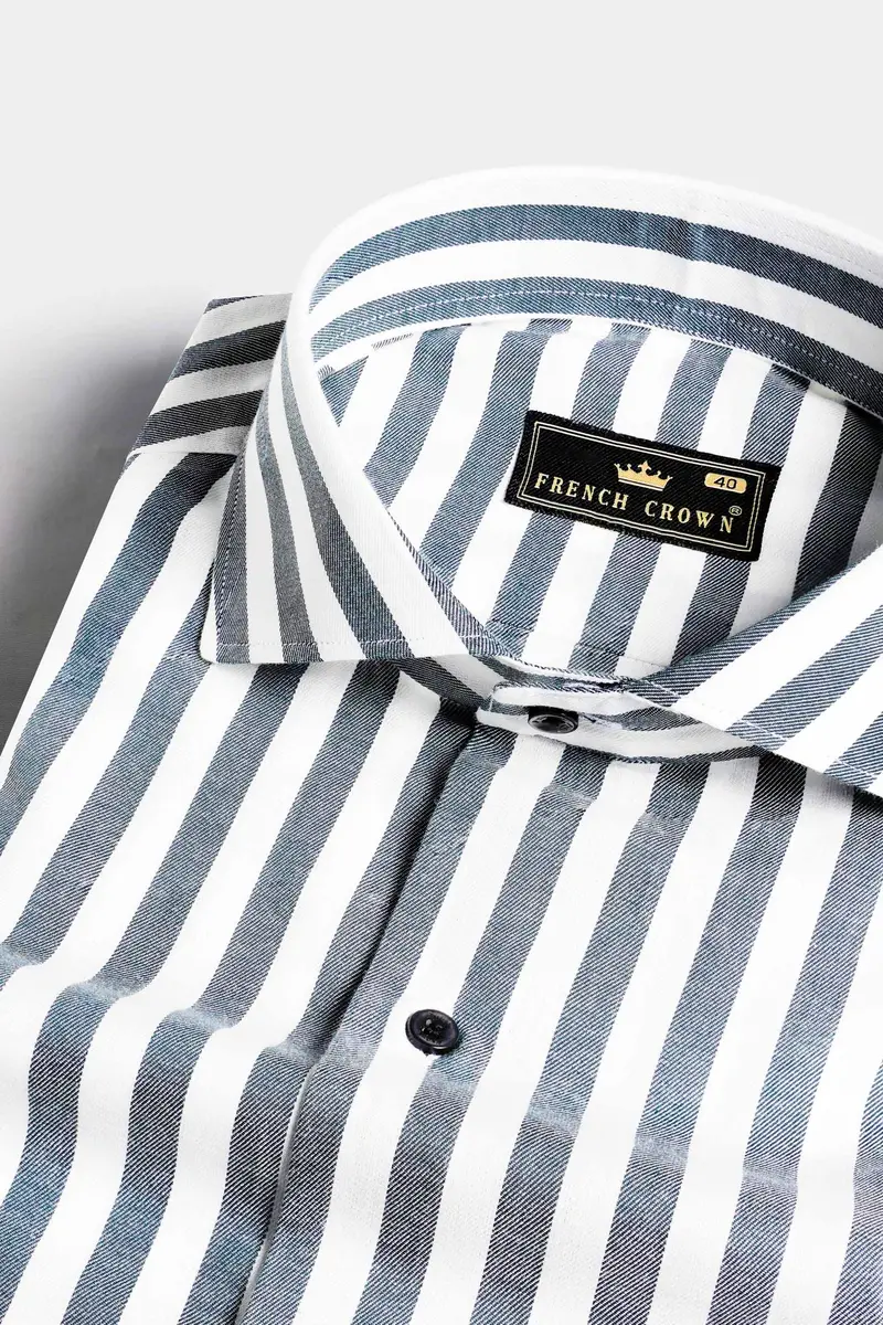 Storm Gray And Bright White Striped Twill Premium Cotton Shirt 1