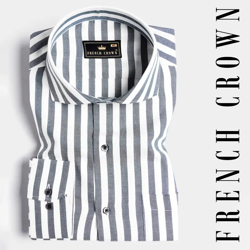 Storm Gray And Bright White Striped Twill Premium Cotton Shirt 4