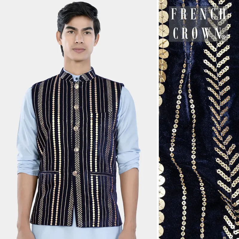 Stratos Blue Vertical Sequin Embroidered Designer Nehru Jacket 1