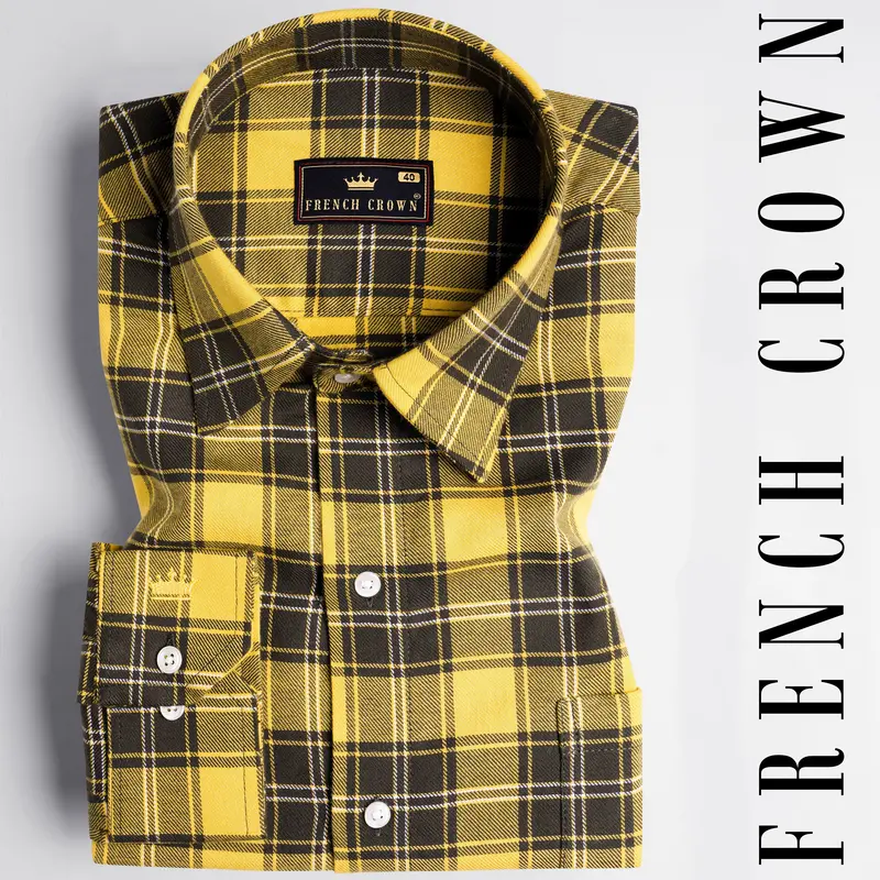 Straw Yellow With Waiouru Green Twill Checkered Premium Cotton Shirt 1