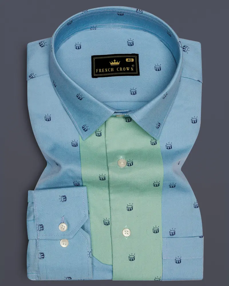 Stream Blue Drums Printed With Green Patches Royal Oxford Designer Overshirt 1