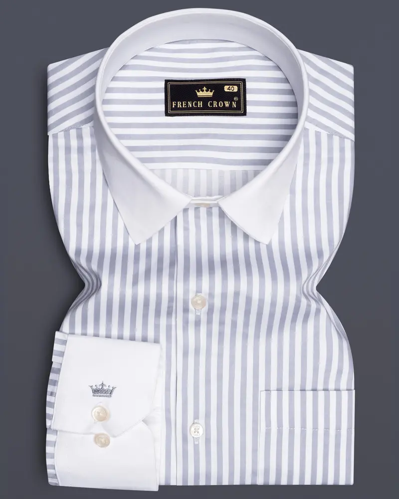 Strivaro-Aluminium Gray And Bright White Candy Striped Subtle Sheen Super Soft Premium Cotton Cuff Collar Dress Shirt 1