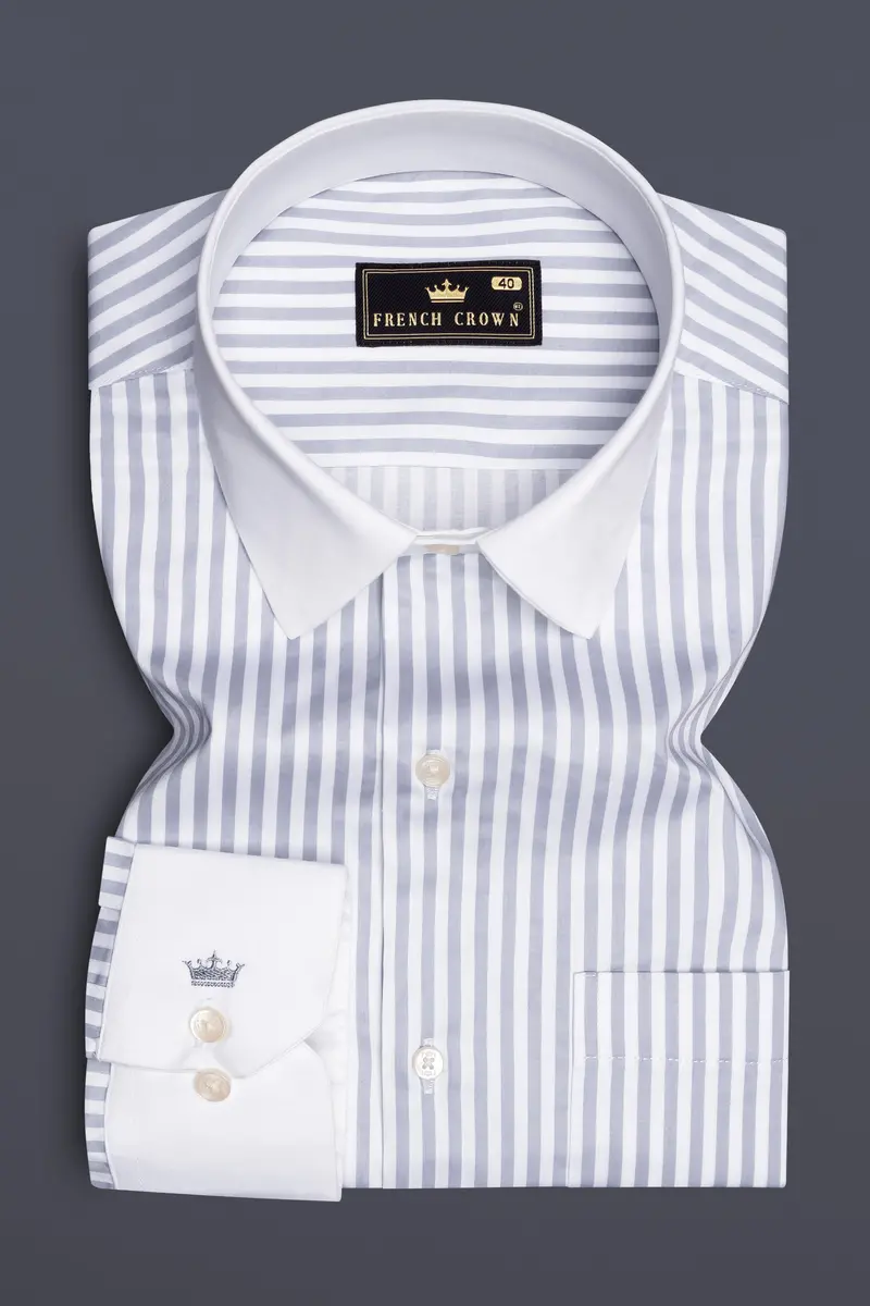 Strivaro-Aluminium Gray And Bright White Candy Striped Subtle Sheen Super Soft Premium Cotton Cuff Collar Dress Shirt 2