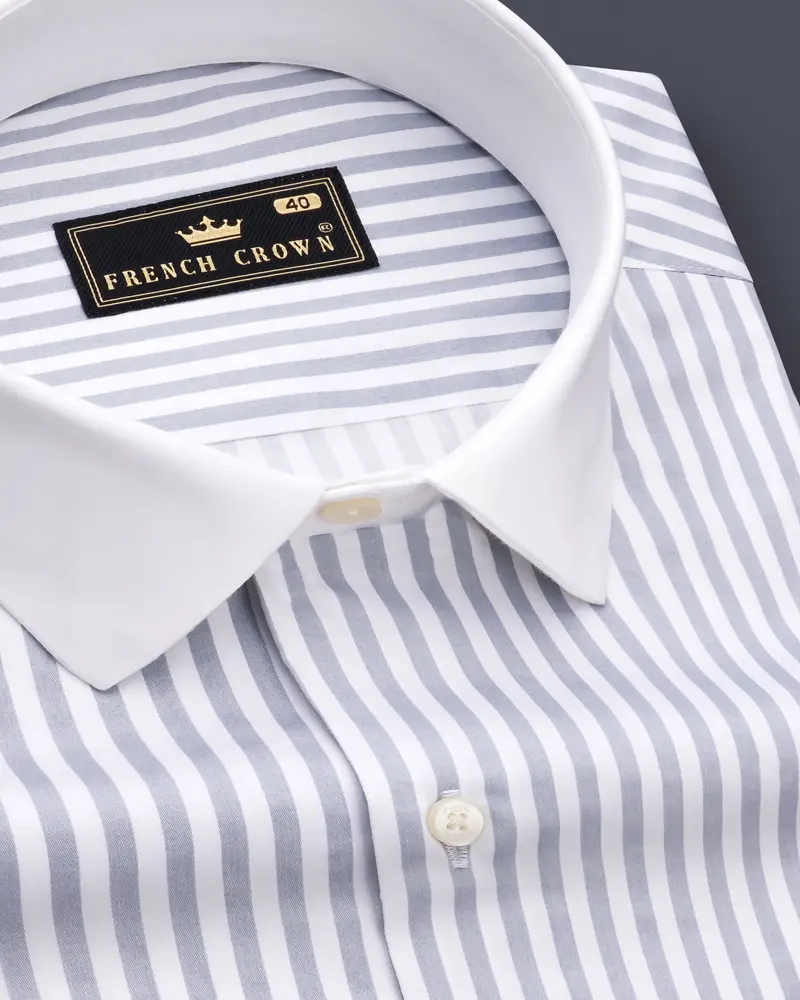 Strivaro-Aluminium Gray And Bright White Candy Striped Subtle Sheen Super Soft Premium Cotton Cuff Collar Dress Shirt 4