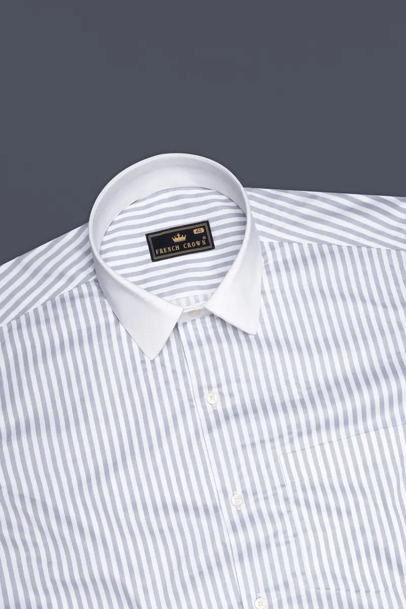 Strivaro-Aluminium Gray And Bright White Candy Striped Subtle Sheen Super Soft Premium Cotton Cuff Collar Dress Shirt 5