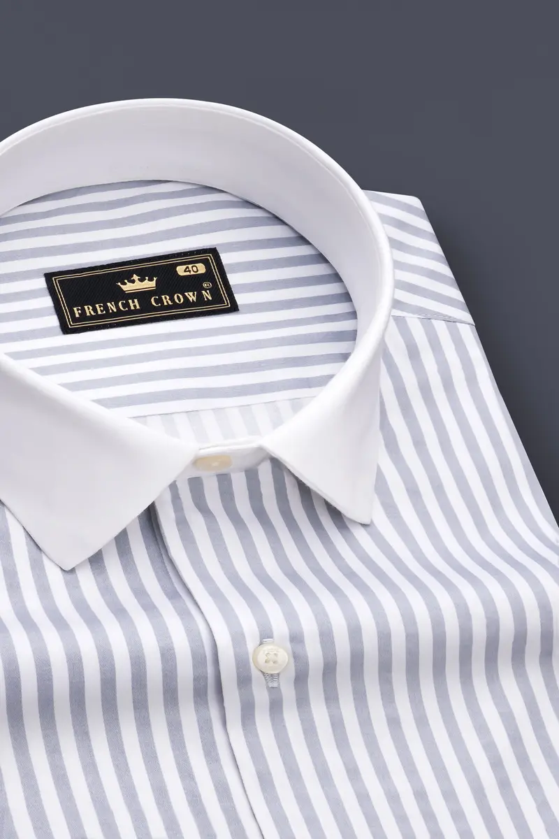 Strivaro-Aluminium Gray And Bright White Candy Striped Subtle Sheen Super Soft Premium Cotton Cuff Collar Dress Shirt 6