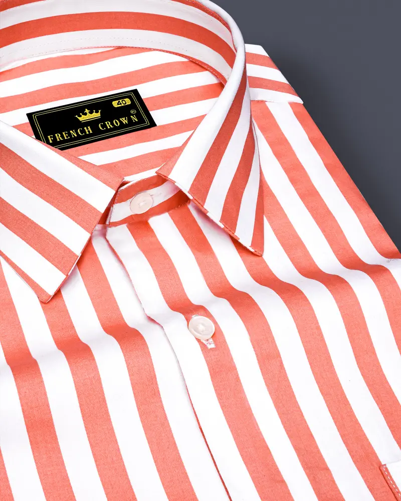 Strivaro-Apricot Peach And Bright White Awning Striped Subtle Sheen Super Soft Premium Cotton Dress Shirt 1