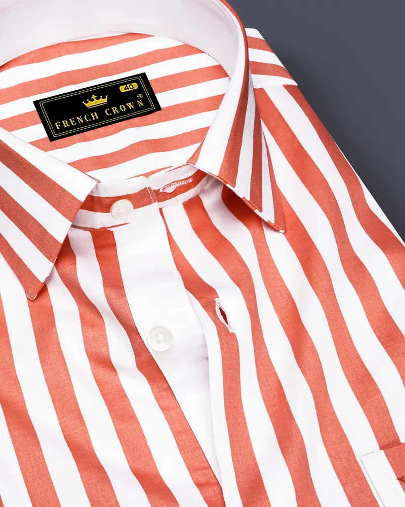 Strivaro-Apricot Peach And Bright White Awning Striped Super Soft Premium Cotton Dress Shirt 1