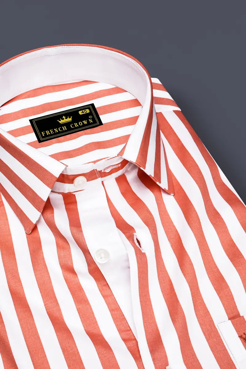 Strivaro-Apricot Peach And Bright White Awning Striped Super Soft Premium Cotton Dress Shirt 2