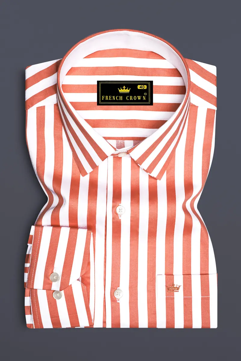 Strivaro-Apricot Peach And Bright White Awning Striped Super Soft Premium Cotton Dress Shirt 4