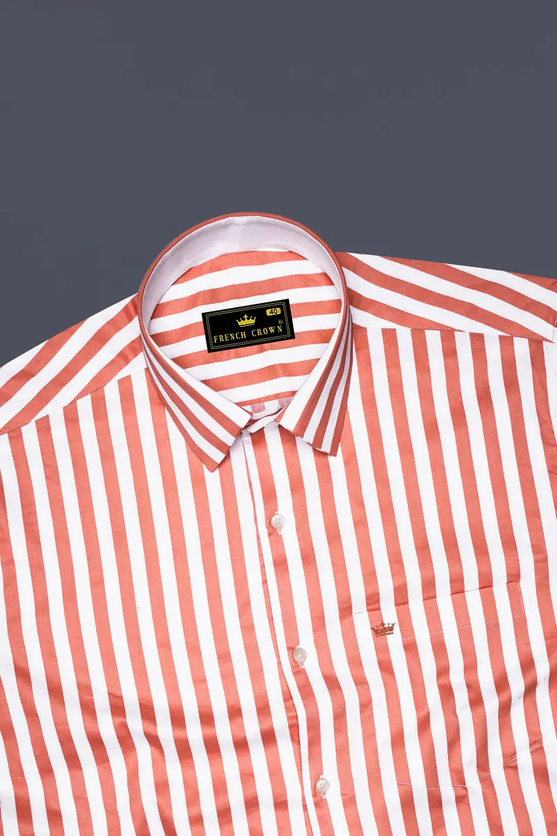 Strivaro-Apricot Peach And Bright White Awning Striped Super Soft Premium Cotton Dress Shirt 5