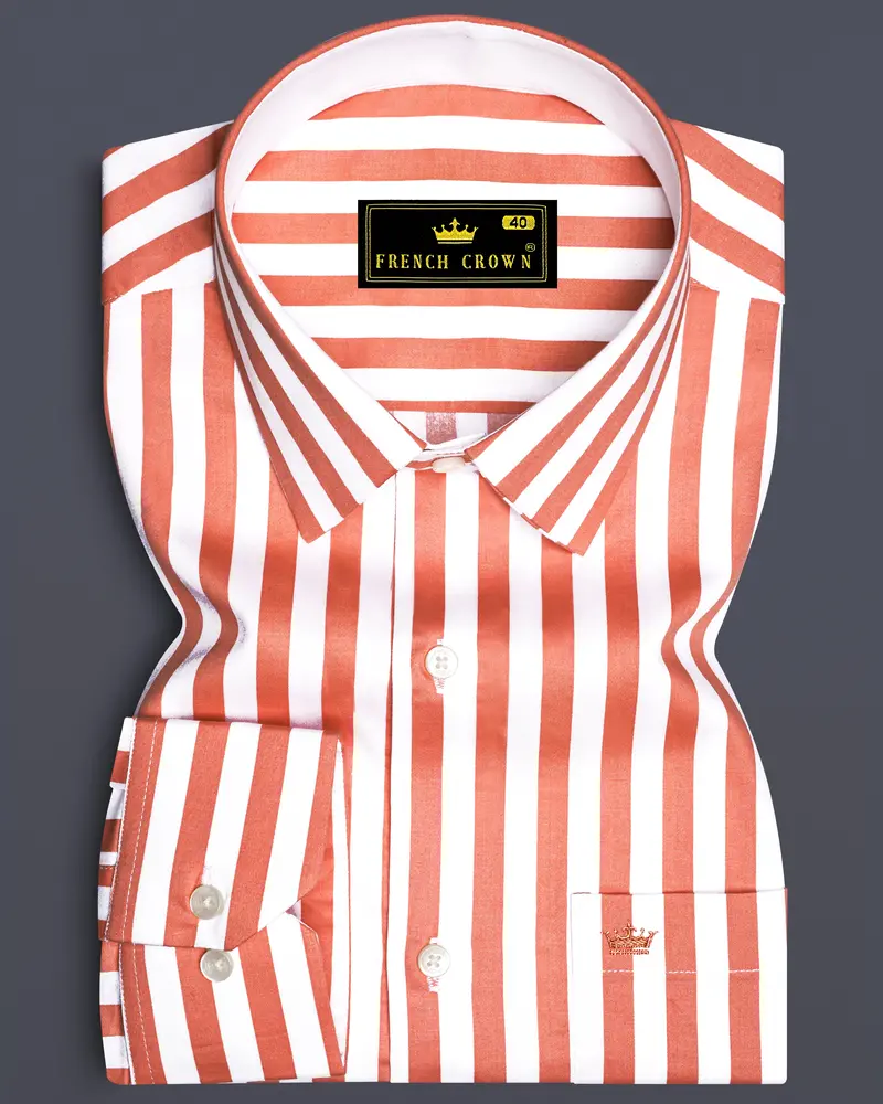 Strivaro-Apricot Peach And Bright White Awning Striped Super Soft Premium Cotton Dress Shirt 6
