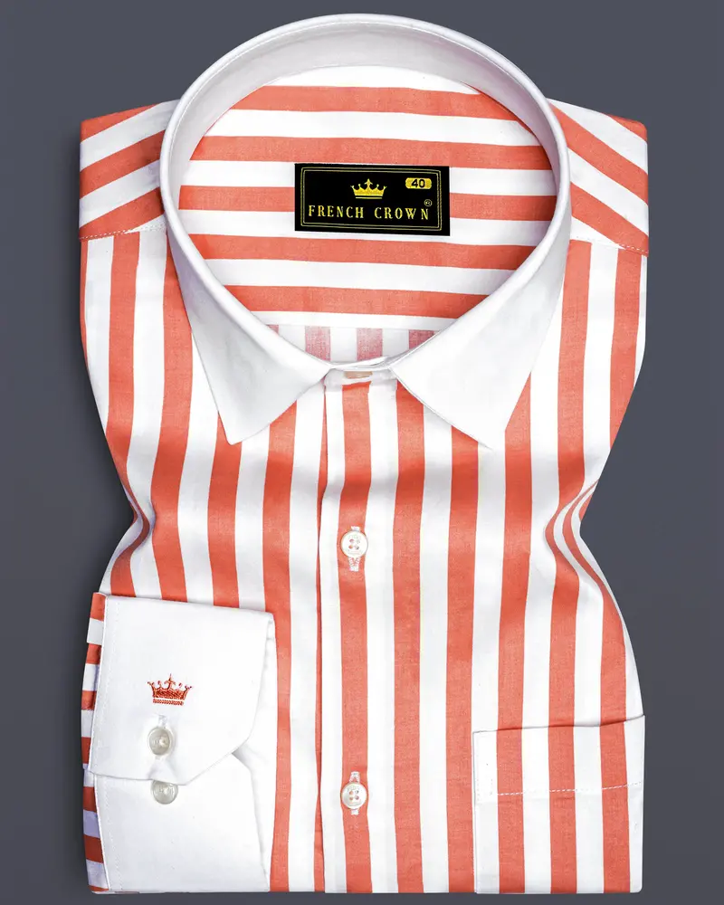 Strivaro-Apricot Peach And Bright White Awning Striped Super Soft Premium Cotton Dress White Cuff Collar Shirt 1