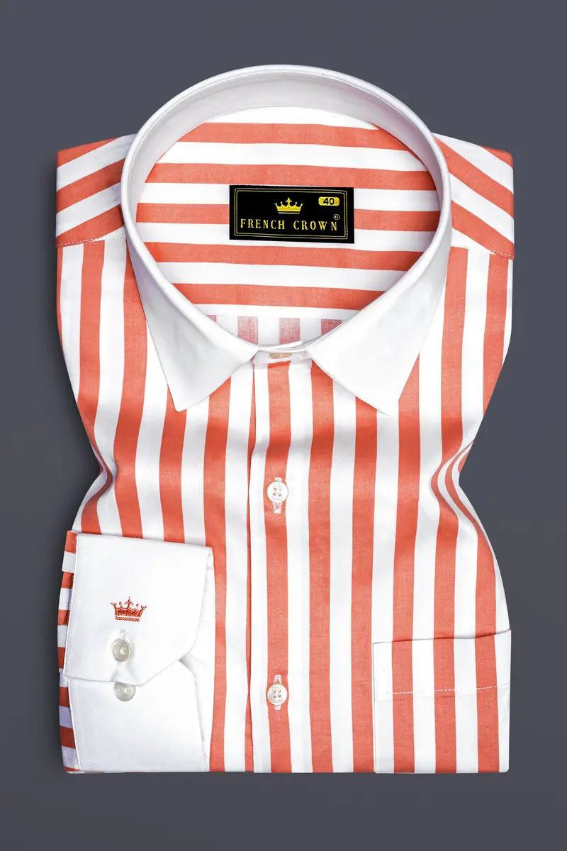 Strivaro-Apricot Peach And Bright White Awning Striped Super Soft Premium Cotton Dress White Cuff Collar Shirt 2