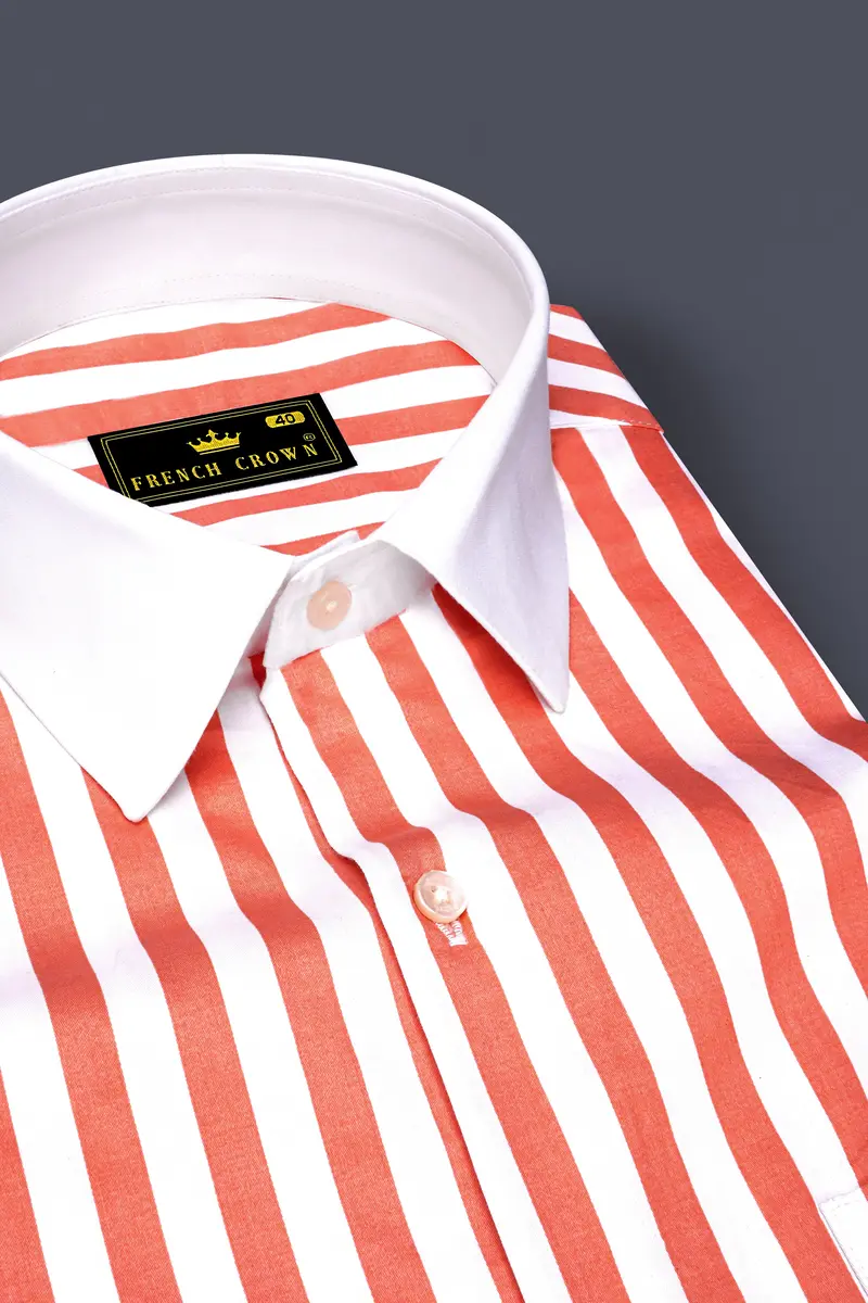 Strivaro-Apricot Peach And Bright White Awning Striped Super Soft Premium Cotton Dress White Cuff Collar Shirt 4
