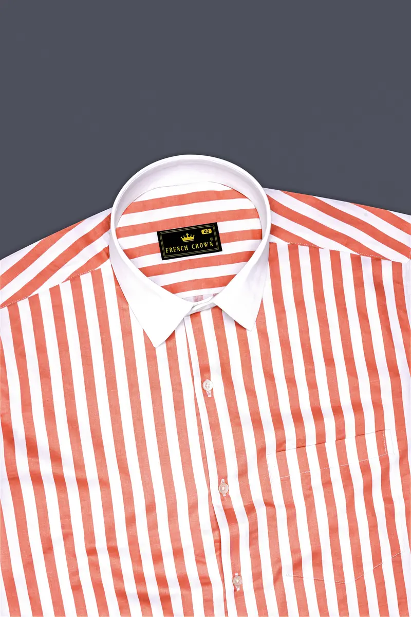 Strivaro-Apricot Peach And Bright White Awning Striped Super Soft Premium Cotton Dress White Cuff Collar Shirt 5