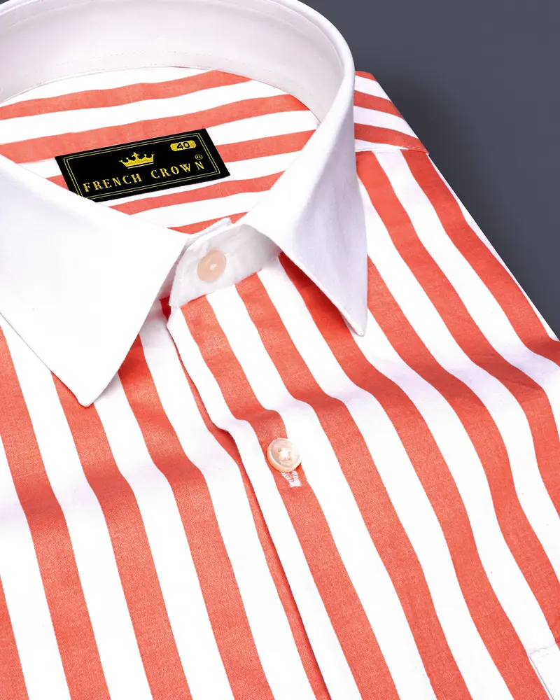 Strivaro-Apricot Peach And Bright White Awning Striped Super Soft Premium Cotton Dress White Cuff Collar Shirt 6