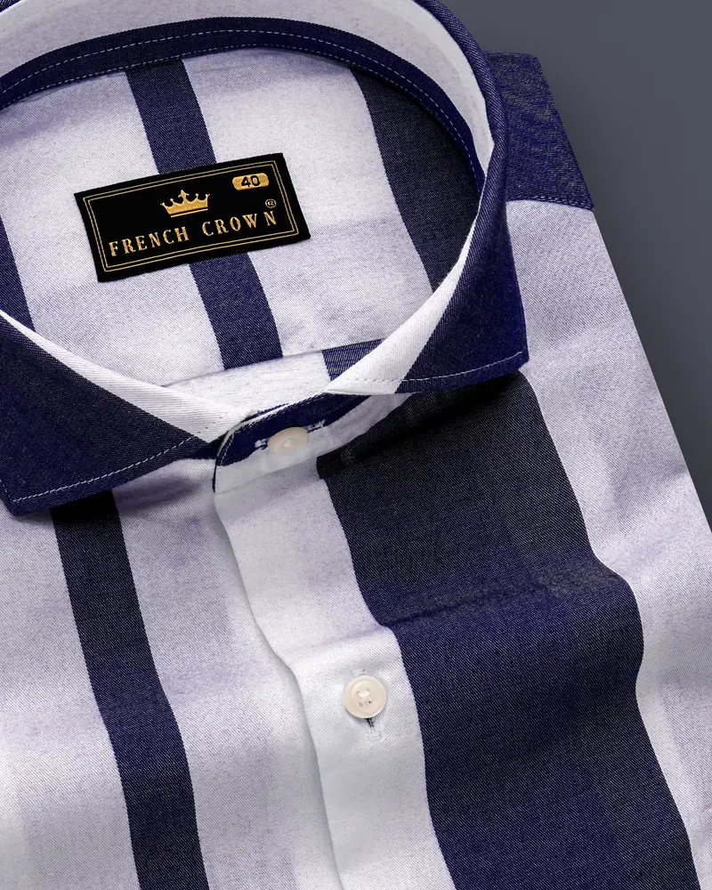 Strivaro-Haiti Blue And Bright White Striped Twill Premium Cotton Semi Formal Shirt 1