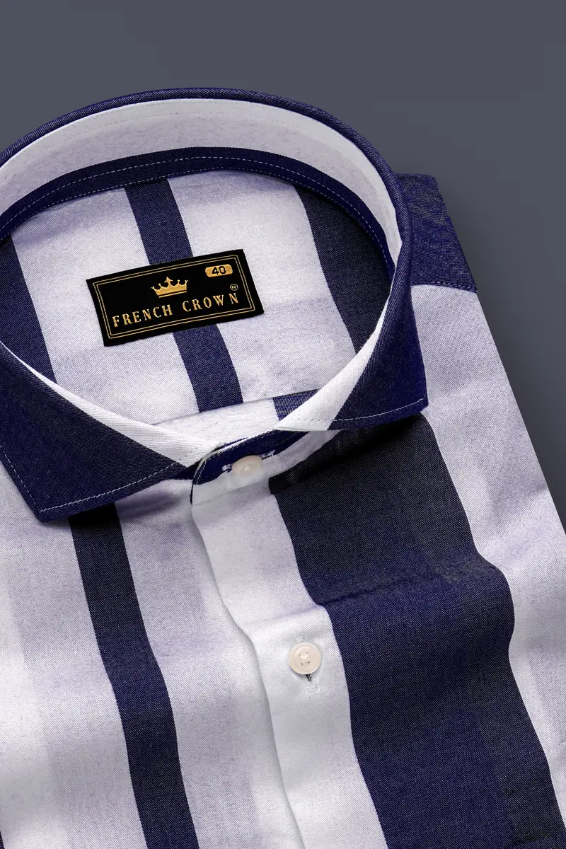 Strivaro-Haiti Blue And Bright White Striped Twill Premium Cotton Semi Formal Shirt 2