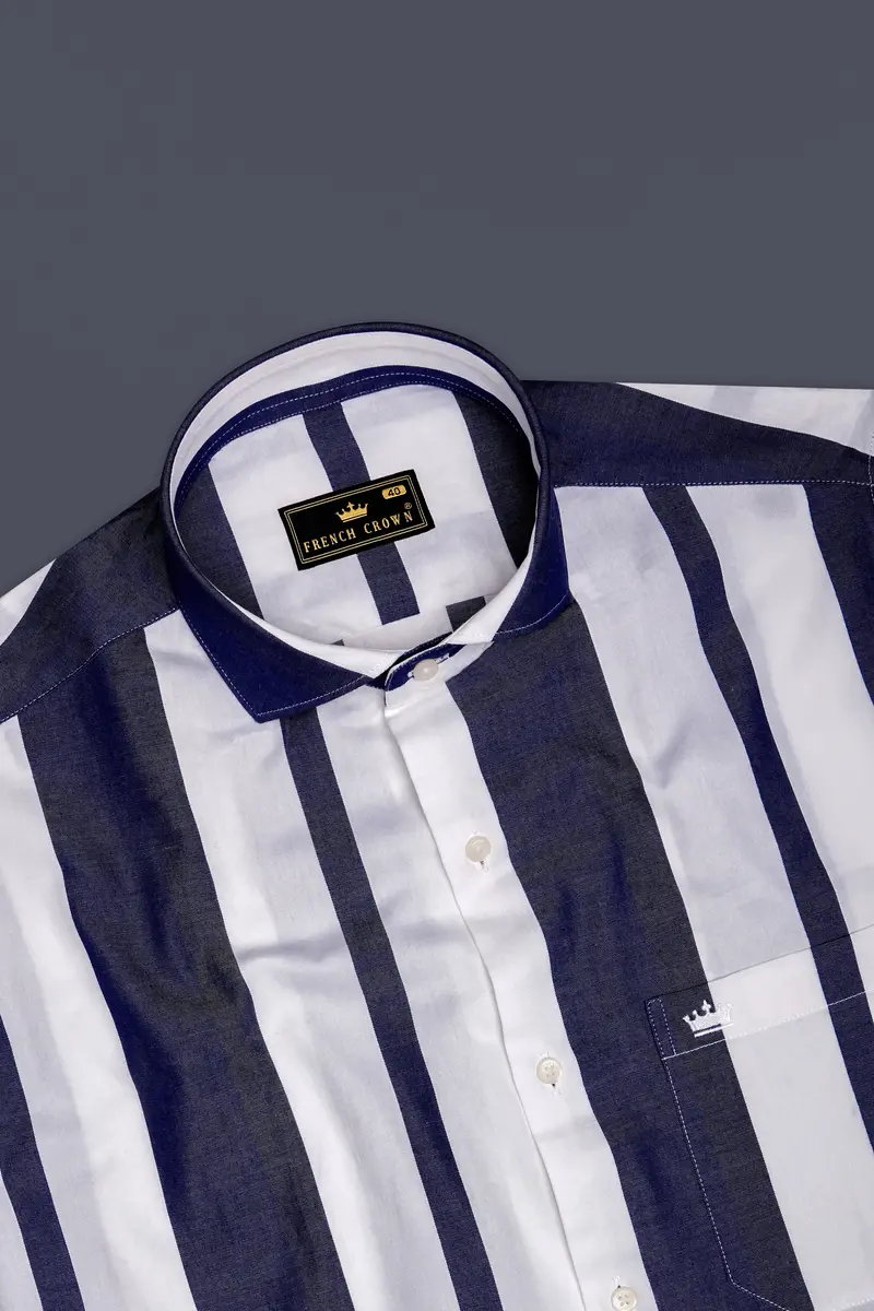 Strivaro-Haiti Blue And Bright White Striped Twill Premium Cotton Semi Formal Shirt 5