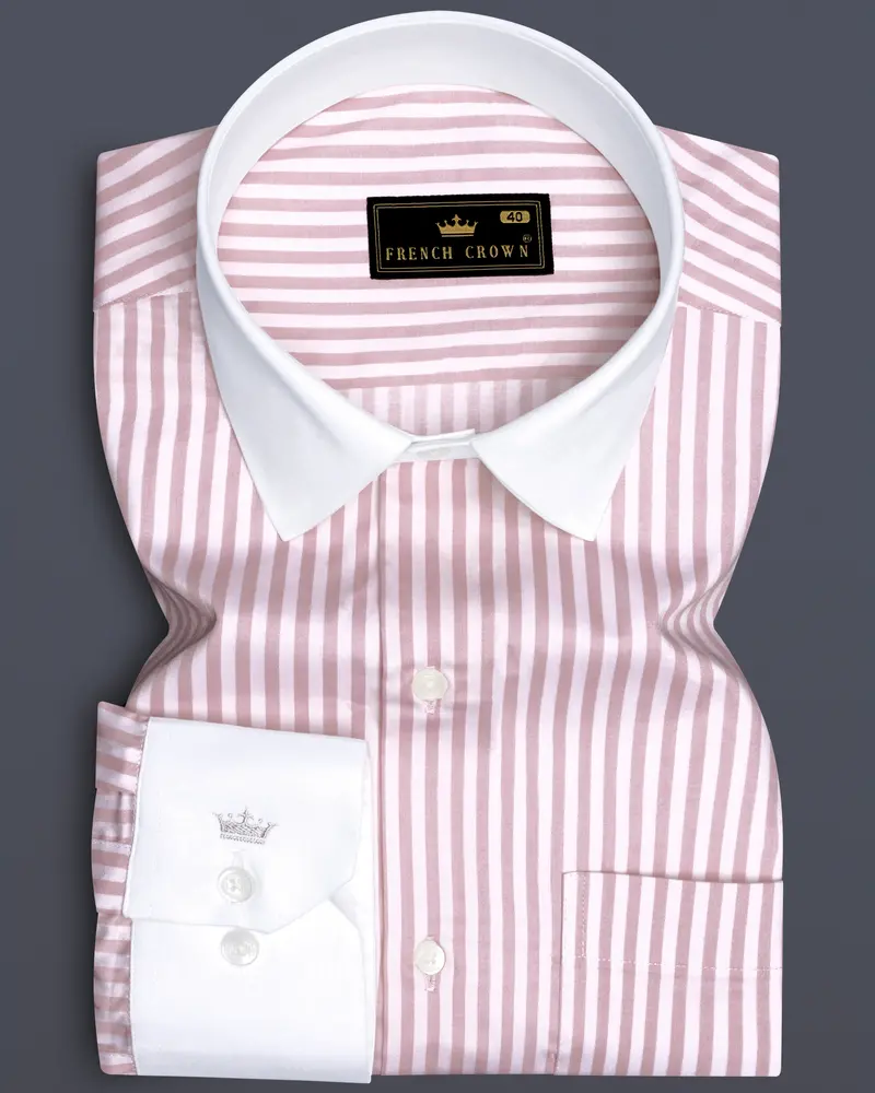 Strivaro-Oriental Pink And Bright White Candy Striped Subtle Sheen Super Soft Premium Cotton White Cuff Collar Dress Shirt 1