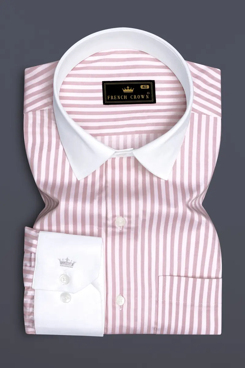 Strivaro-Oriental Pink And Bright White Candy Striped Subtle Sheen Super Soft Premium Cotton White Cuff Collar Dress Shirt 2