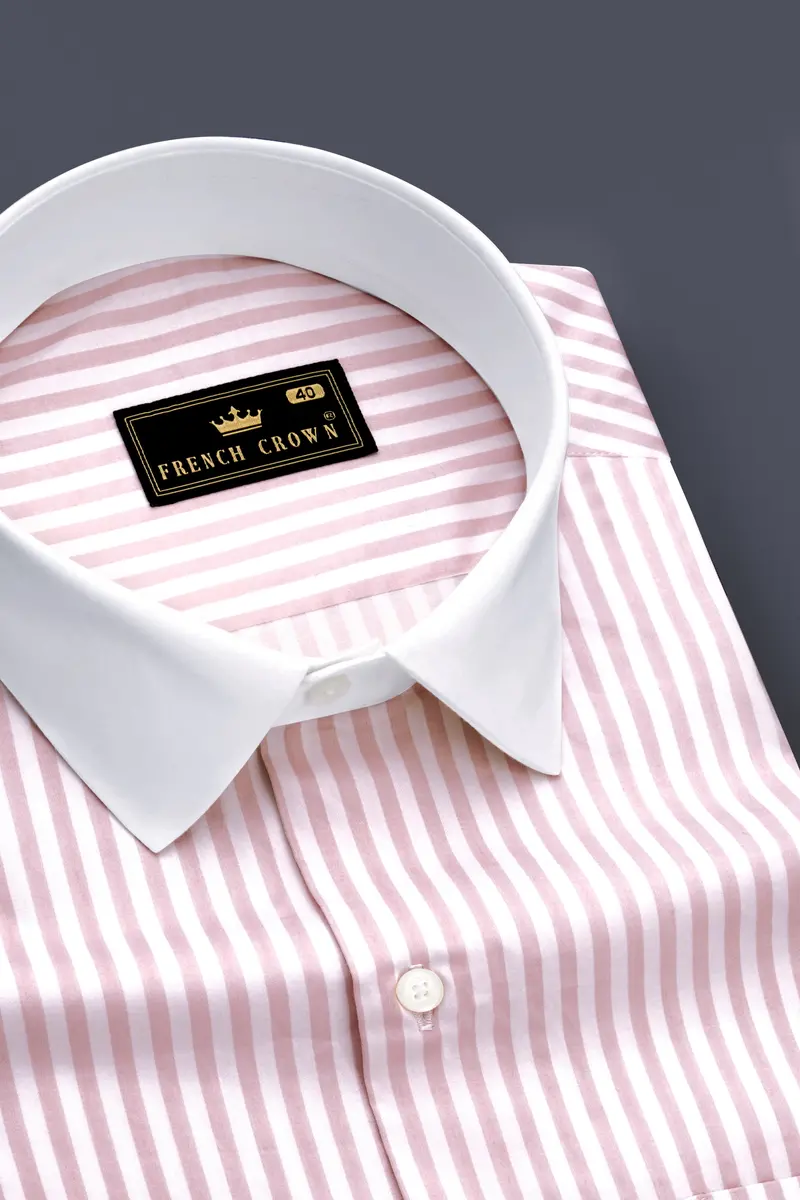 Strivaro-Oriental Pink And Bright White Candy Striped Subtle Sheen Super Soft Premium Cotton White Cuff Collar Dress Shirt 4