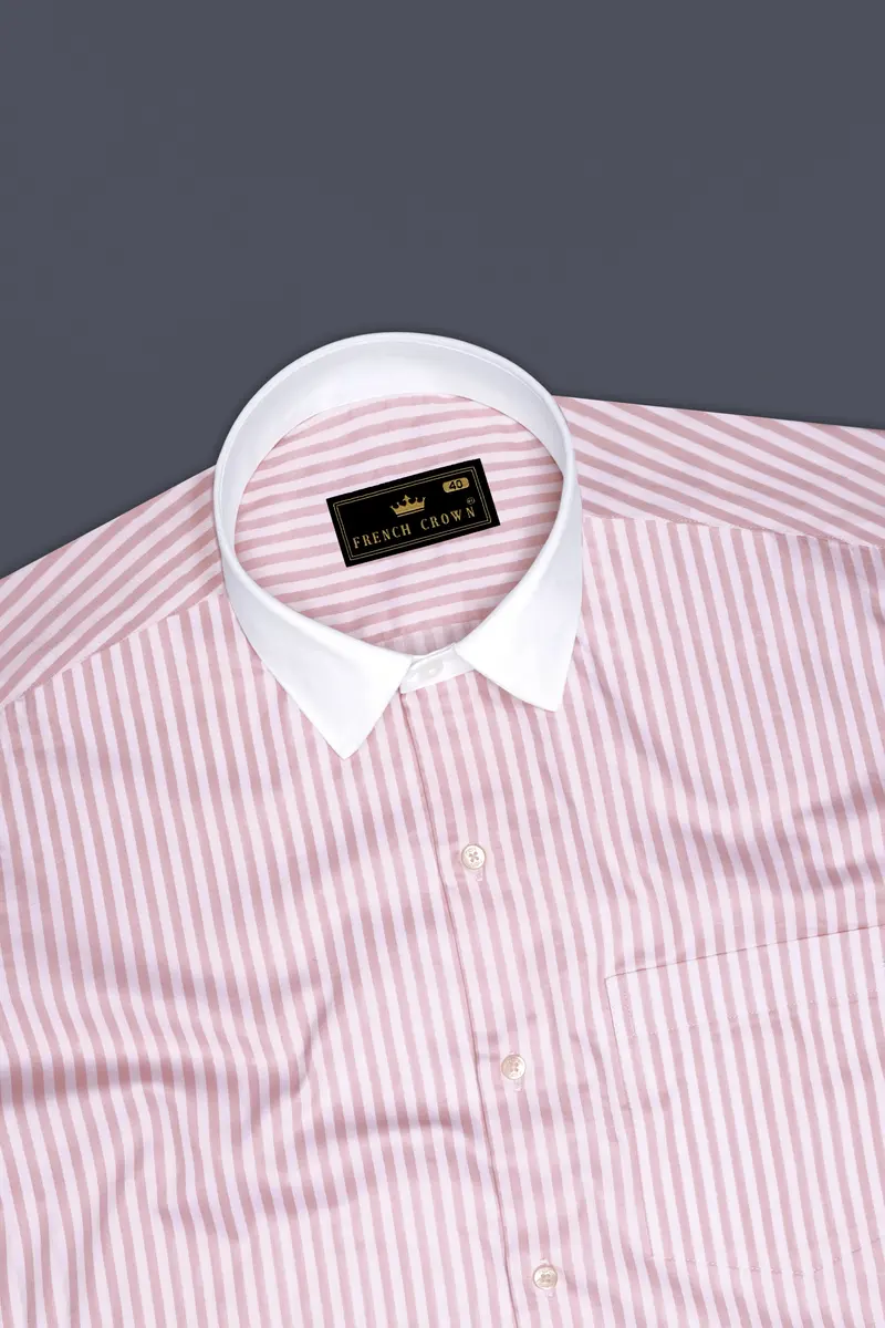 Strivaro-Oriental Pink And Bright White Candy Striped Subtle Sheen Super Soft Premium Cotton White Cuff Collar Dress Shirt 5