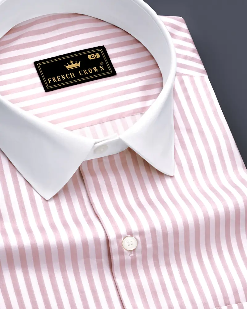 Strivaro-Oriental Pink And Bright White Candy Striped Subtle Sheen Super Soft Premium Cotton White Cuff Collar Dress Shirt 6
