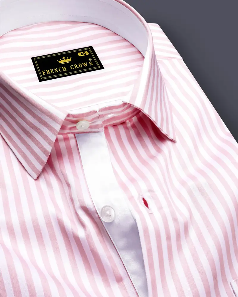 Strivaro-Oriental Pink And Bright White Candy Striped Super Soft Premium Cotton Dress Shirt 1